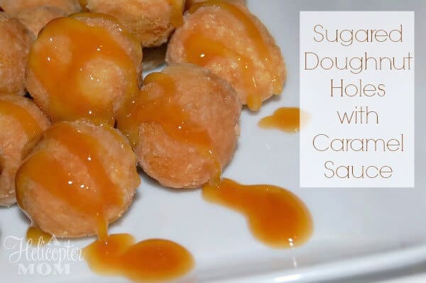 Sugared Doughnut Holes with Raspberry Compote and Caramel Sauce
