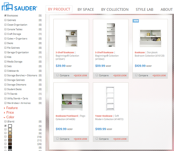 Sauder By Product and Color - Easy to Search