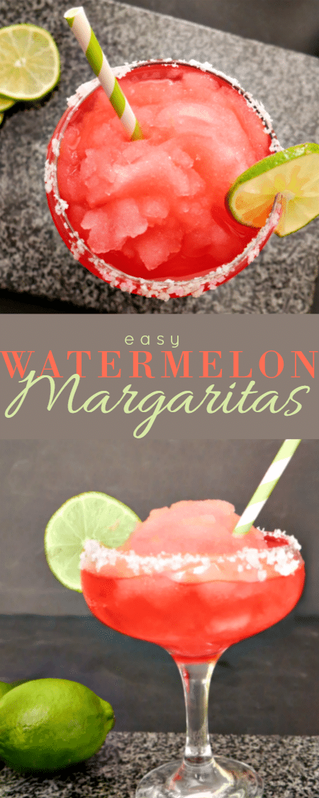 Easy Frozen Watermelon Margarita Recipe - make in just minutes with ice, Tropicana Watermelon, tequila, limeade concentrate & Triple Sec - so good! 